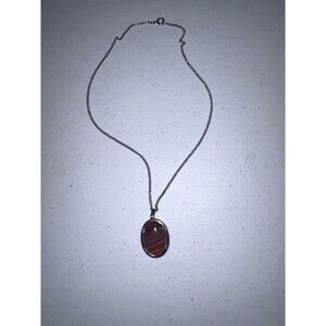 Oval Pendant Necklace, Silver Chain, Red-Brown Striped Stone